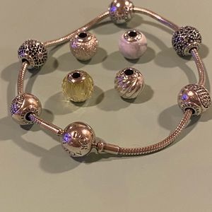 Pandora essence, collection bracelet, and 9 charms.